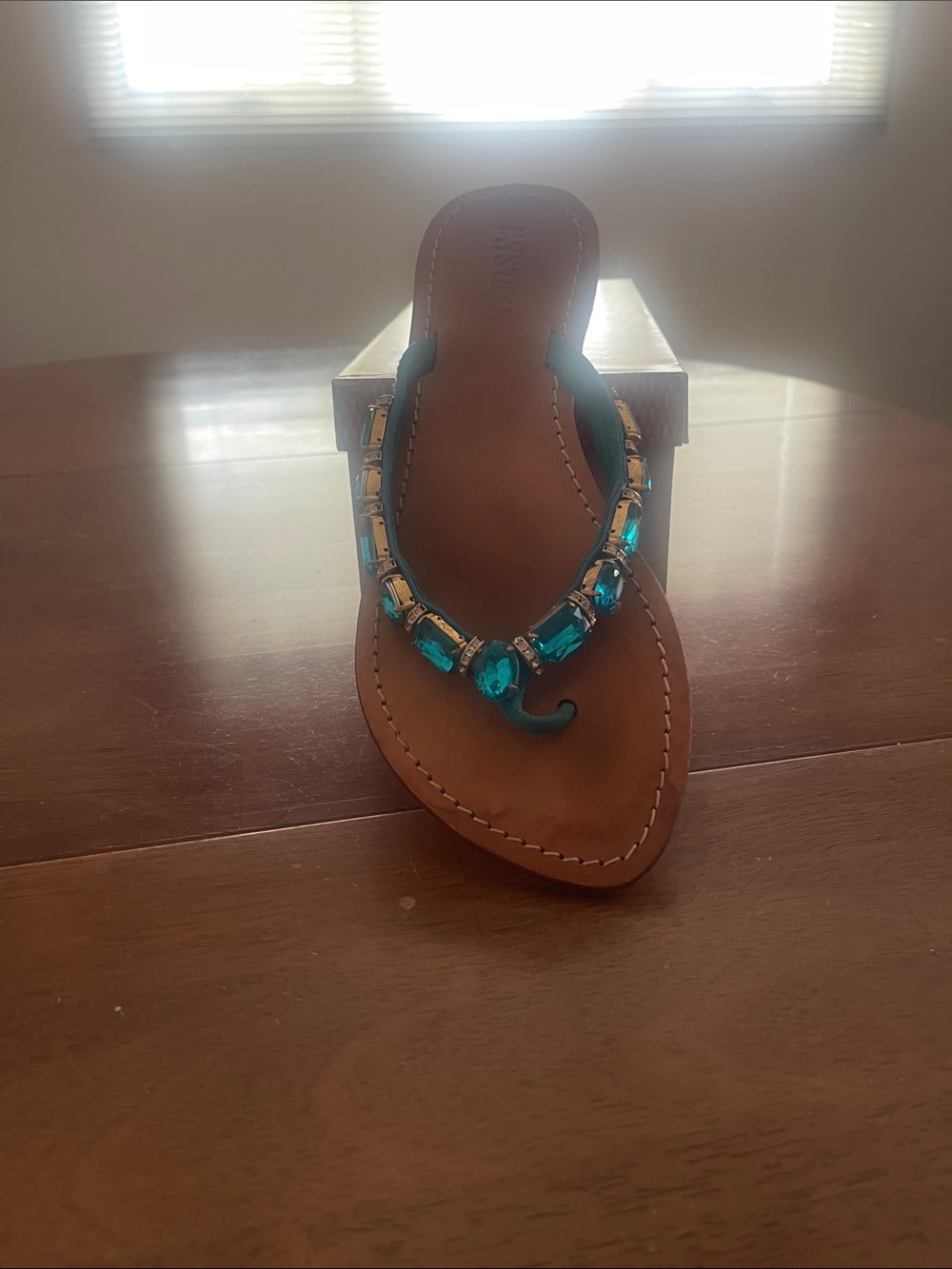 Mystique Boutique Teal Gemstone-Embellished Leather Thong Sandal
